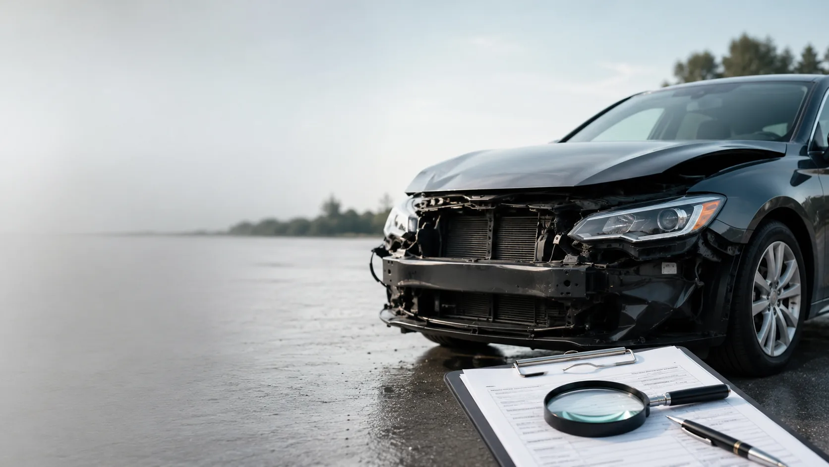 Dokument Salvage Title, samochód i lupa symbolizująca analizę